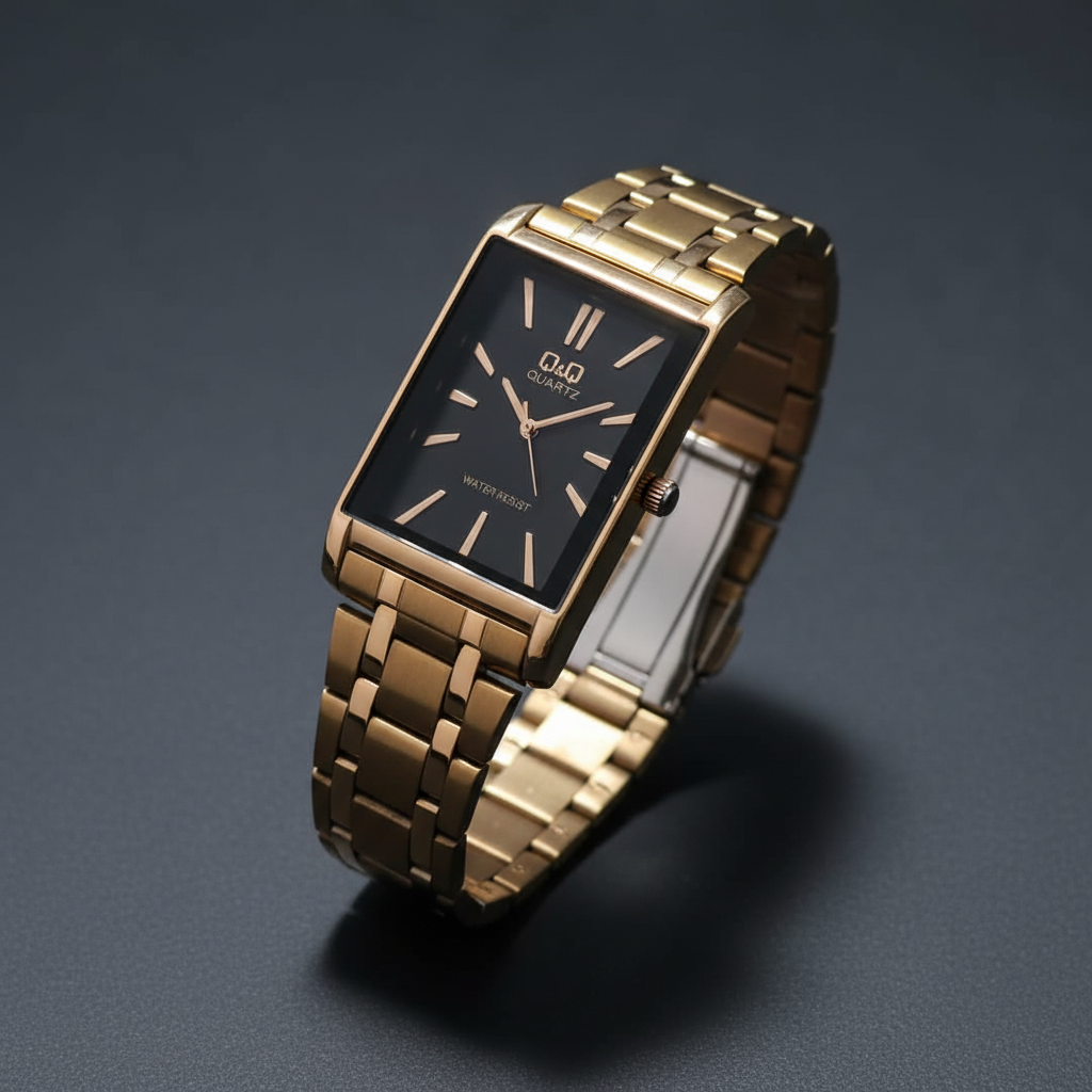Reloj Q&Q Dorado Rectangular – Esfera Negra