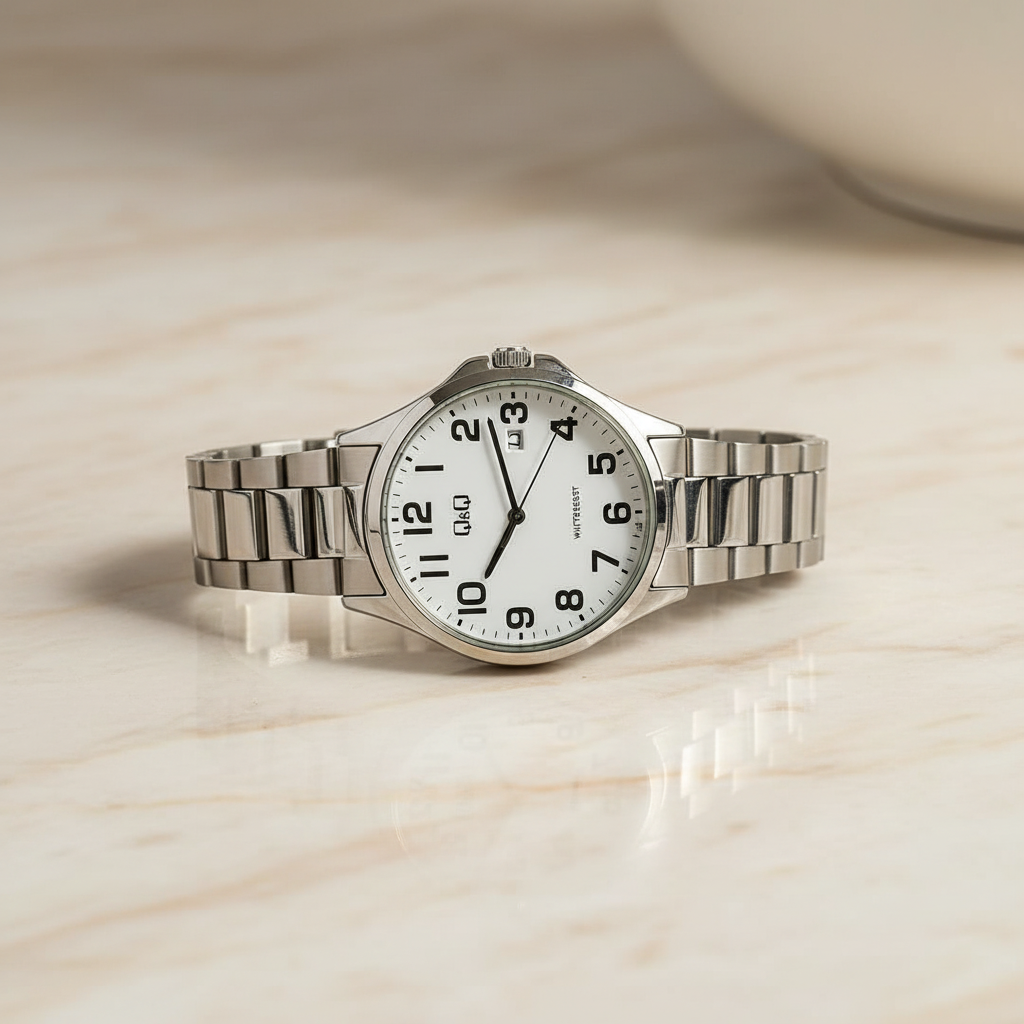 Reloj Q&Q Clásico Plateado con Calendario – Esfera Blanca