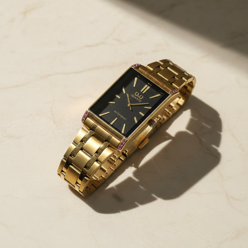 Reloj Q&Q Dorado Rectangular – Esfera Negra