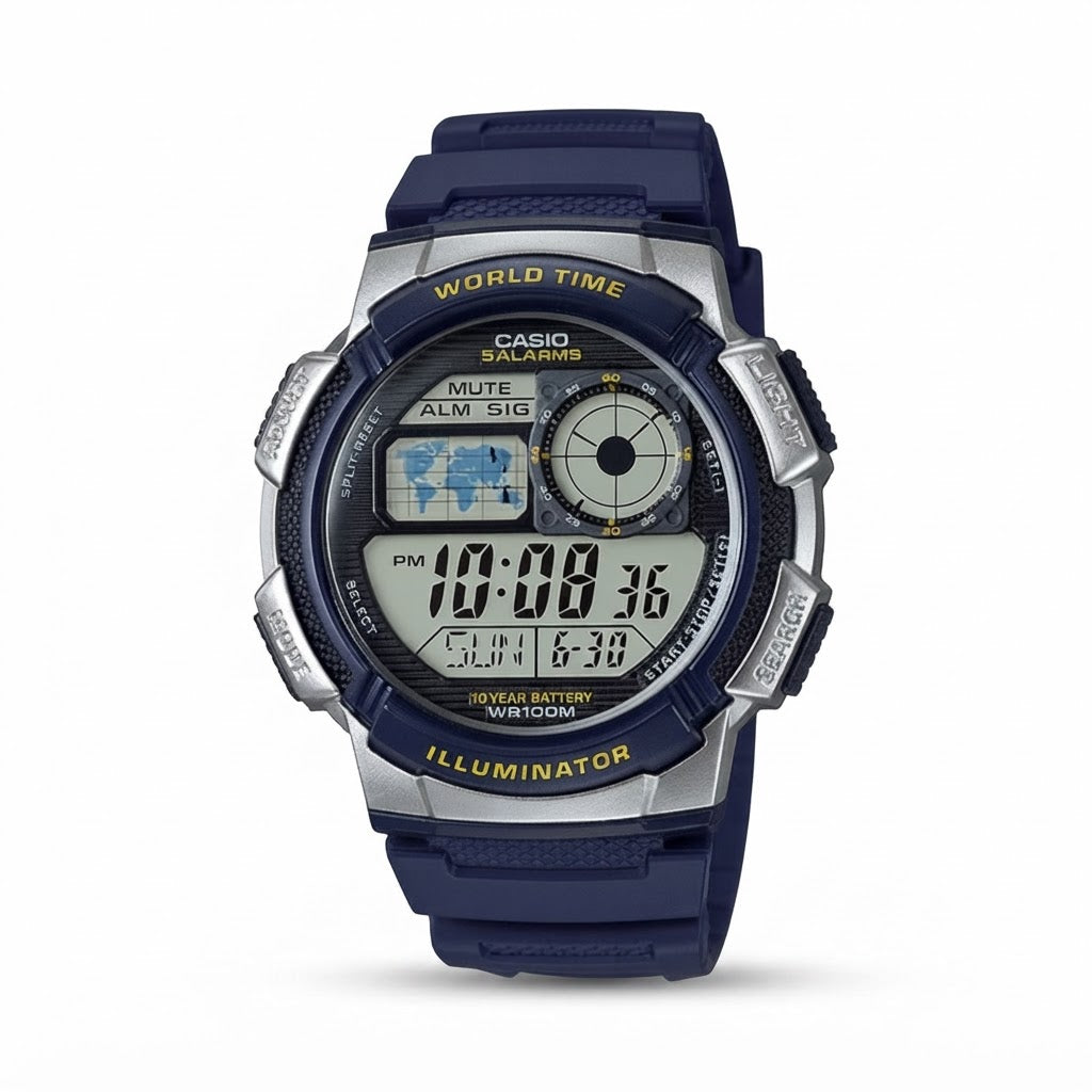 Reloj Casio AE-1000W-2AV Digital Azul y Plateado Hora Mundial 100M – Caballero