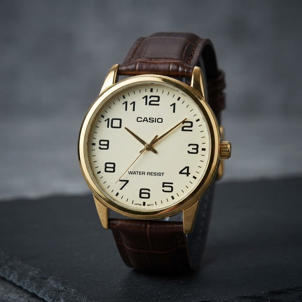 Reloj Casio MTP-V001GL-9B Analógico Dorado con Correa de Cuero Marrón – Caballero
