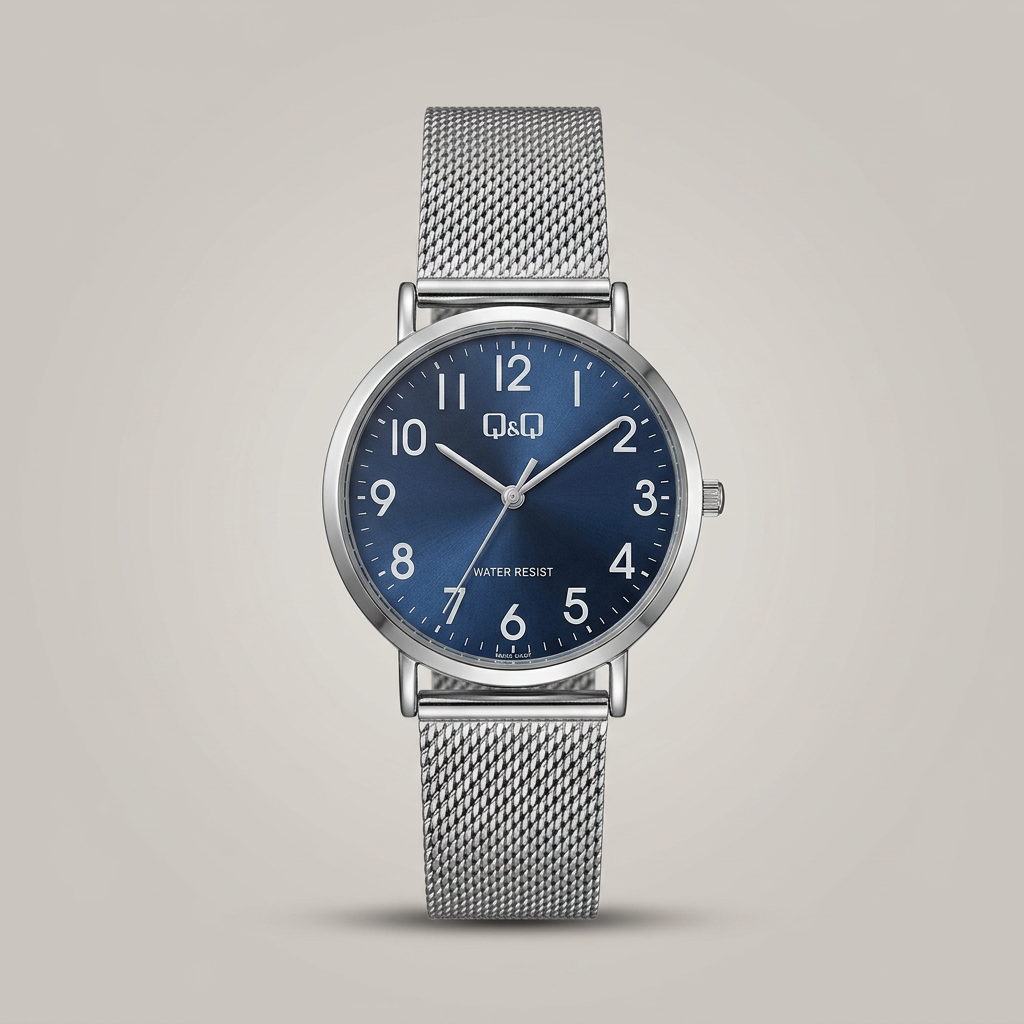 Reloj Q&Q Analógico Plateado Esfera Azul con Brazalete Mesh – Caballero
