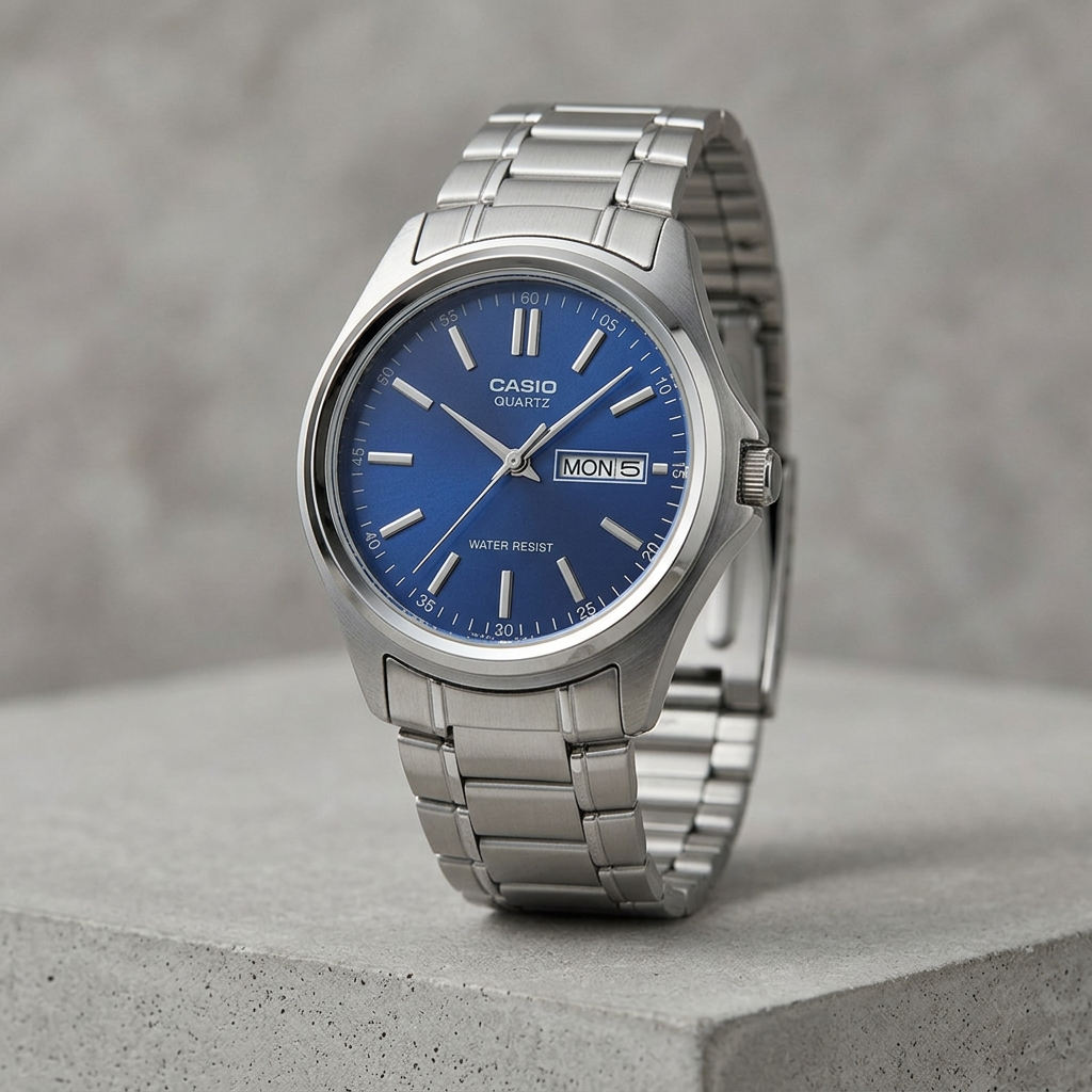 Reloj Casio MTP-1239D-2A Analógico Plateado Esfera Azul Día y Fecha – Caballero