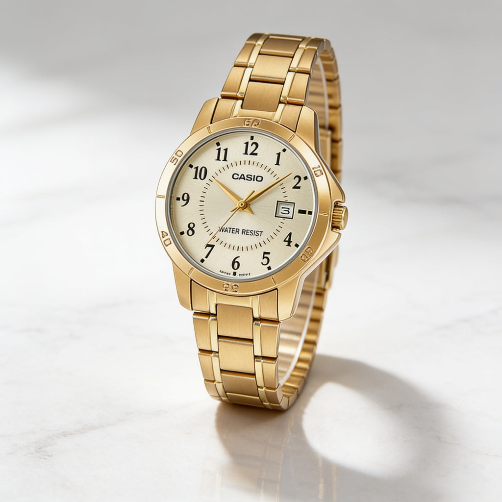 Reloj Casio LTP-V004G-9B Analógico Dorado Esfera Champaña – Dama