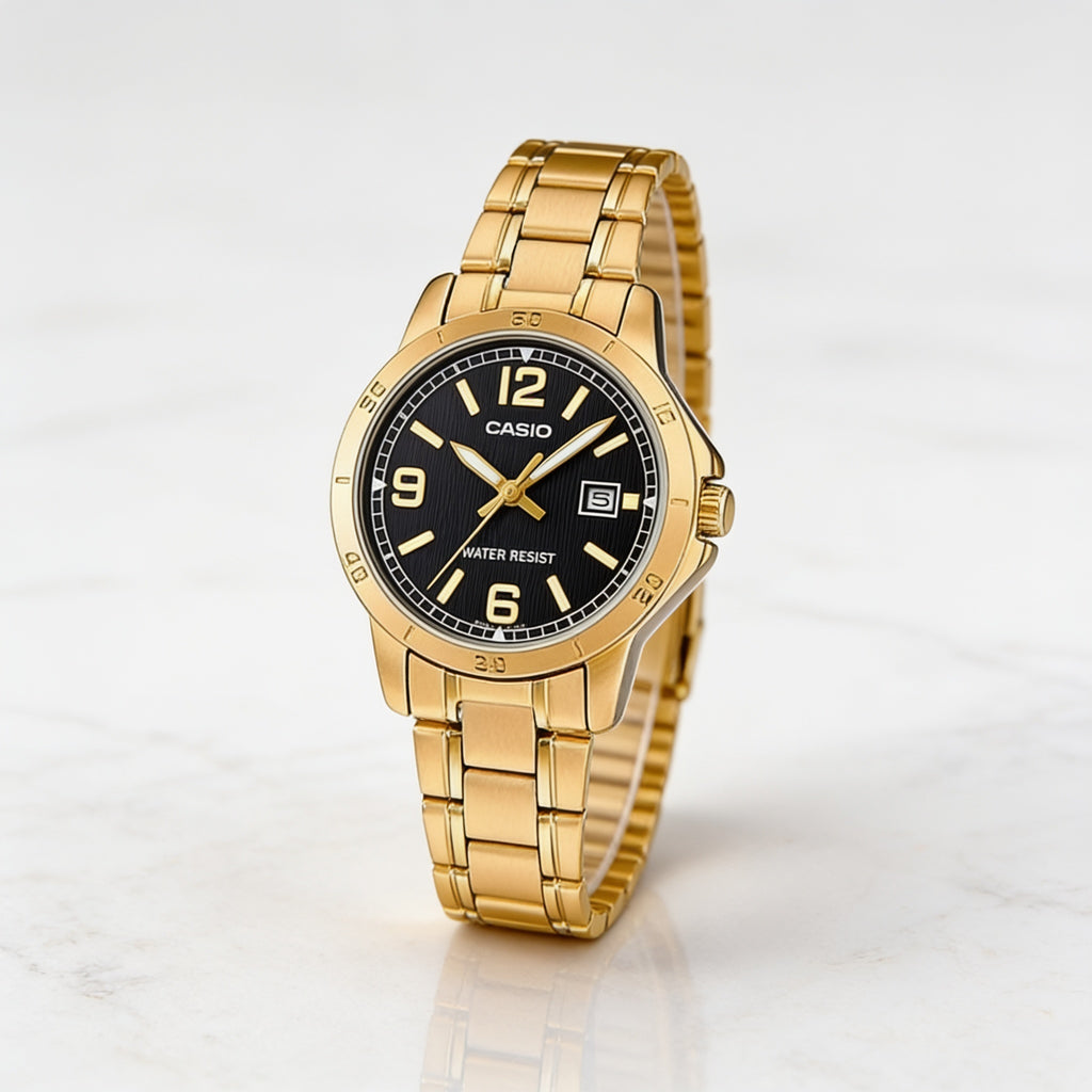 Reloj Casio LTP-V004G-1B Analógico Dorado Esfera Negra – Dama