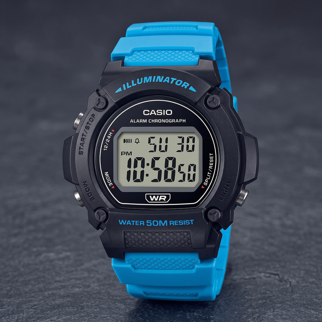 Reloj Casio W-219H-2A2V Digital Negro y Azul 50M Batería 7 Años – Caballero