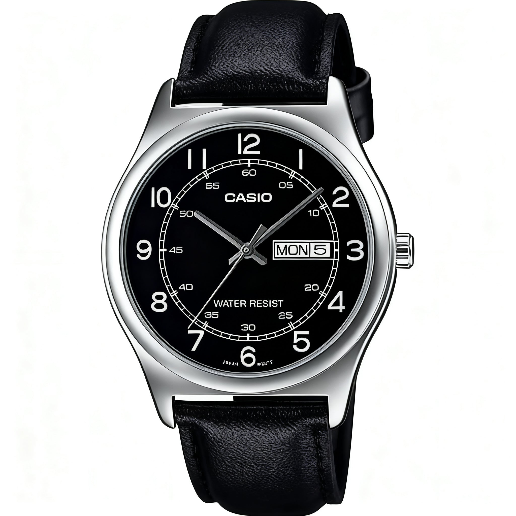 Reloj Casio MTP-V006L-1B2 Analógico Plateado Esfera Negra con Correa de Cuero – Caballero