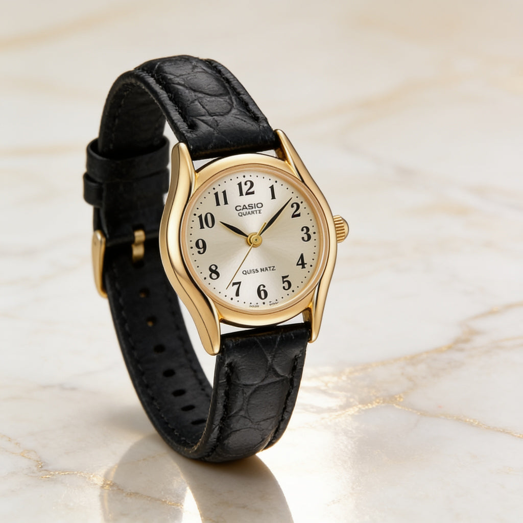 Reloj Casio LTP-1094Q-7B2R Analógico Dorado con Correa de Cuero Negro – Dama