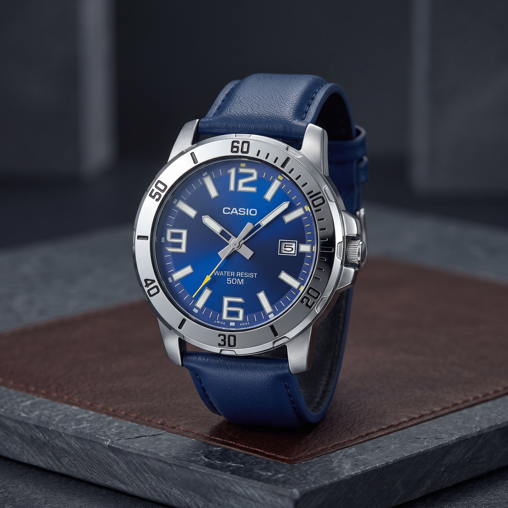 Reloj Casio MTP-VD01L-2BV Analógico Plateado Esfera Azul con Correa de Cuero – Caballero