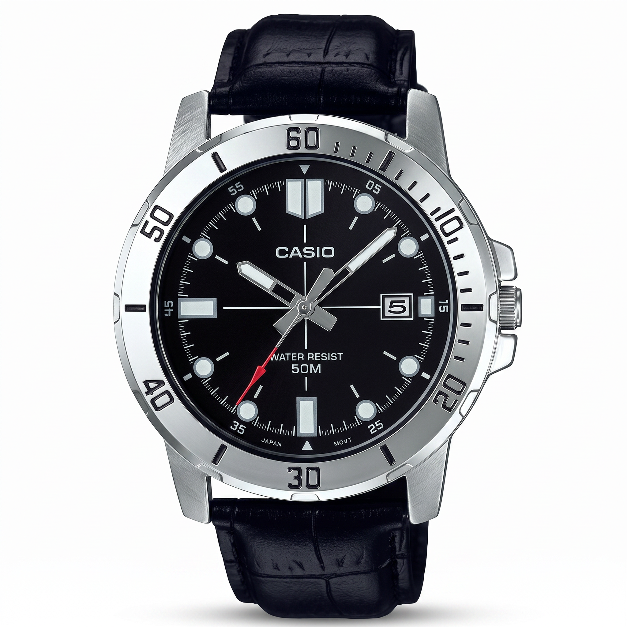 Reloj Casio MTP-VD01L-1EV Analógico Plateado Esfera Negra con Correa de Cuero – Caballero