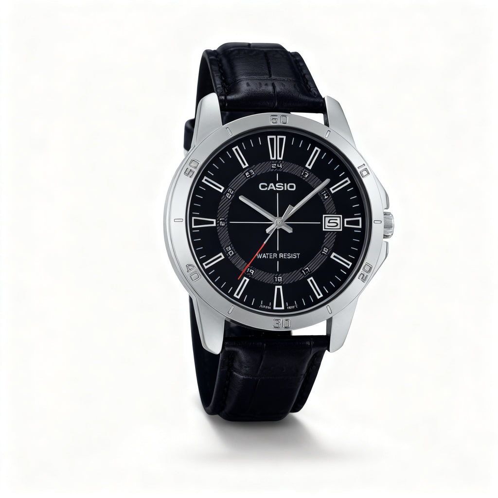 Reloj Casio MTP-V004L-1C Analógico Plateado Esfera Negra con Correa de Cuero – Caballero