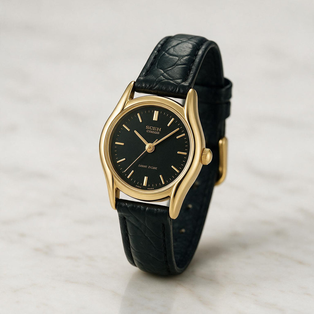 Reloj Casio LTP-1094Q-1A Analógico Dorado Esfera Negra con Correa de Cuero – Dama