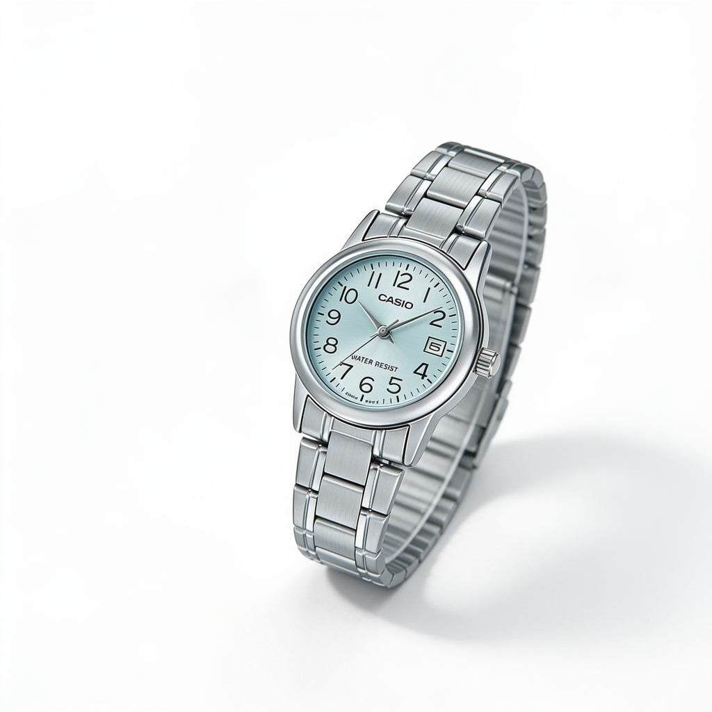 Reloj Casio LTP-V002D-2B Analógico Plateado Esfera Azul – Dama
