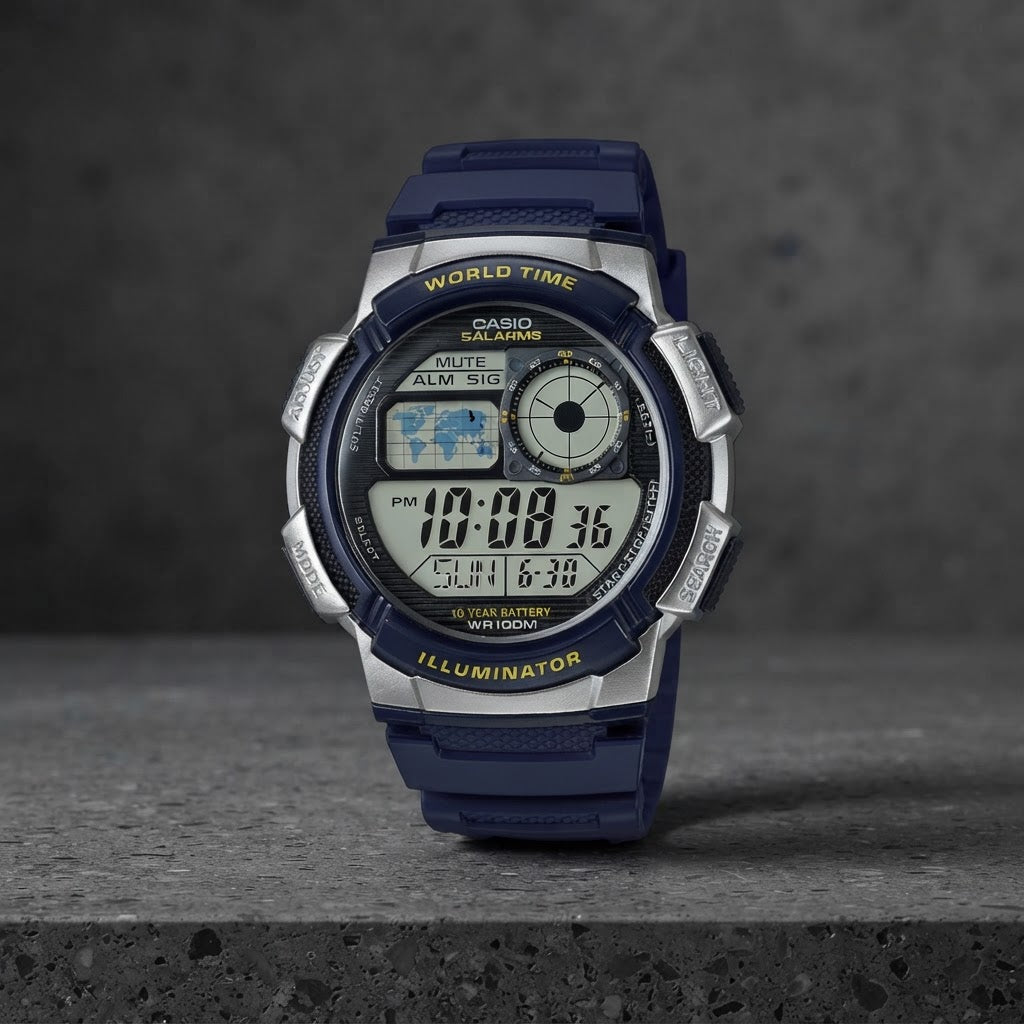 Reloj Casio AE-1000W-2AV Digital Azul y Plateado Hora Mundial 100M – Caballero