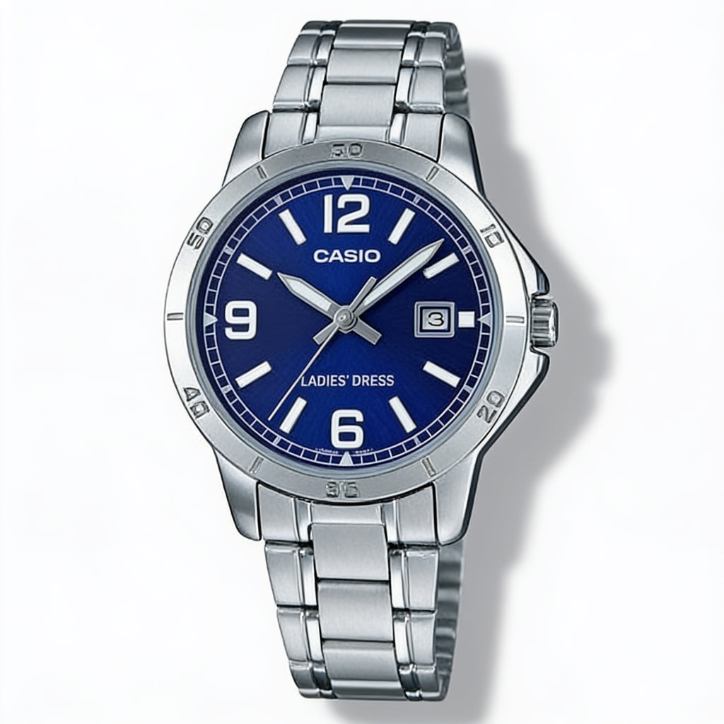 Reloj Casio LTP-V004D-2B Analógico Plateado Esfera Azul – Dama
