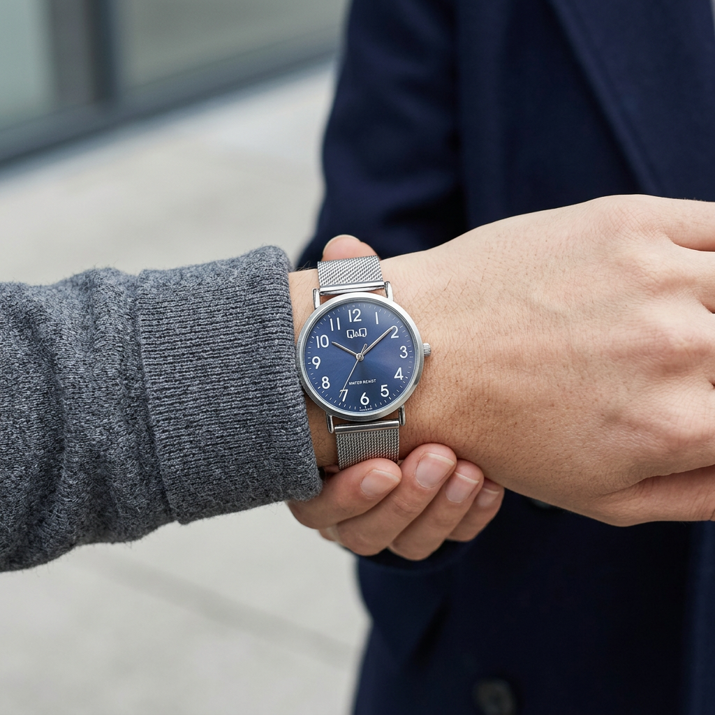 Reloj Q&Q Analógico Plateado Esfera Azul con Brazalete Mesh – Caballero