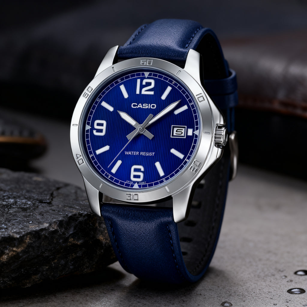 Reloj Casio MTP-V004L-2B Analógico Plateado Azul con Correa de Cuero – Caballero