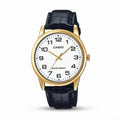 Reloj Casio MTP-V001GL-7B Analógico Dorado con Correa de Cuero Negra – Caballero