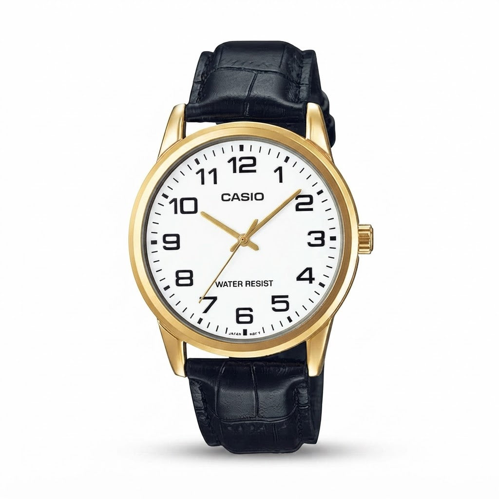 Reloj Casio MTP-V001GL-7B Analógico Dorado con Correa de Cuero Negra – Caballero