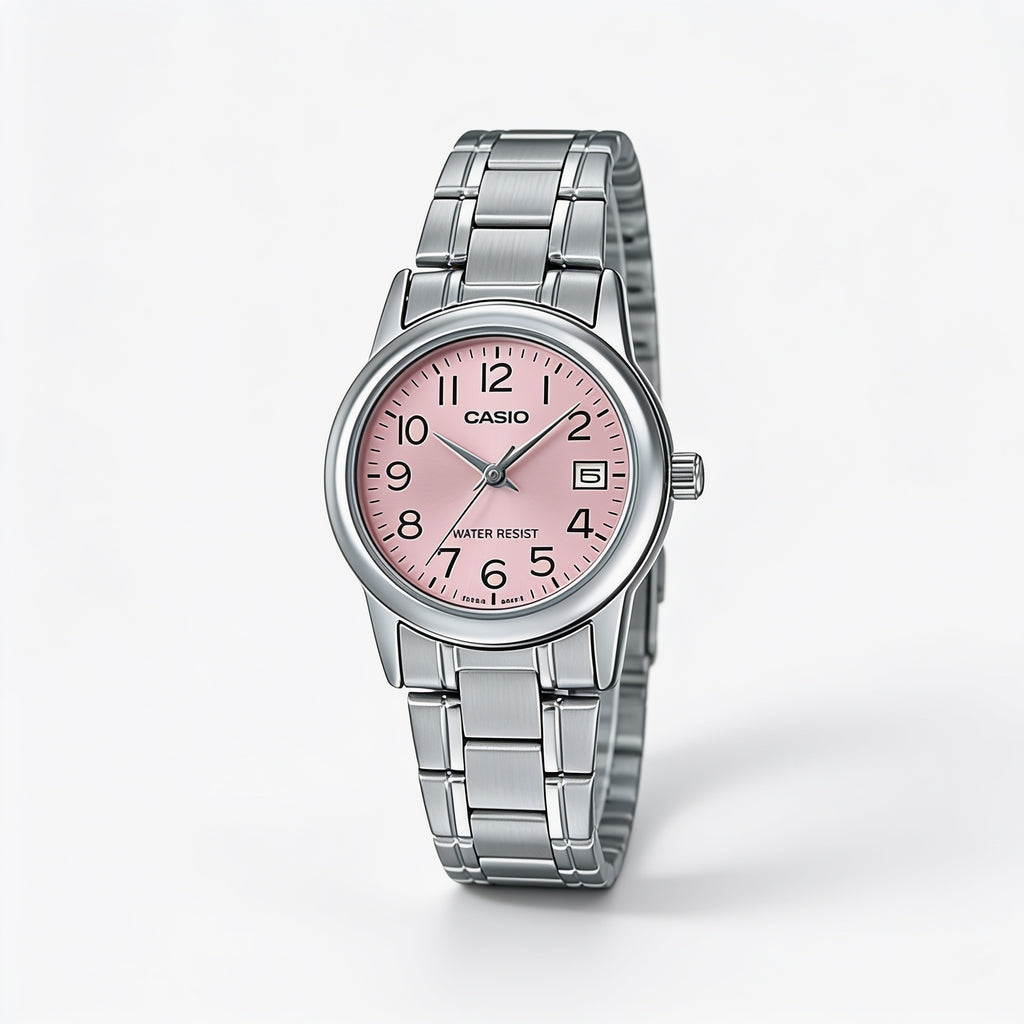 Reloj Casio LTP-V002D-4B Analógico Plateado Esfera Rosada – Dama