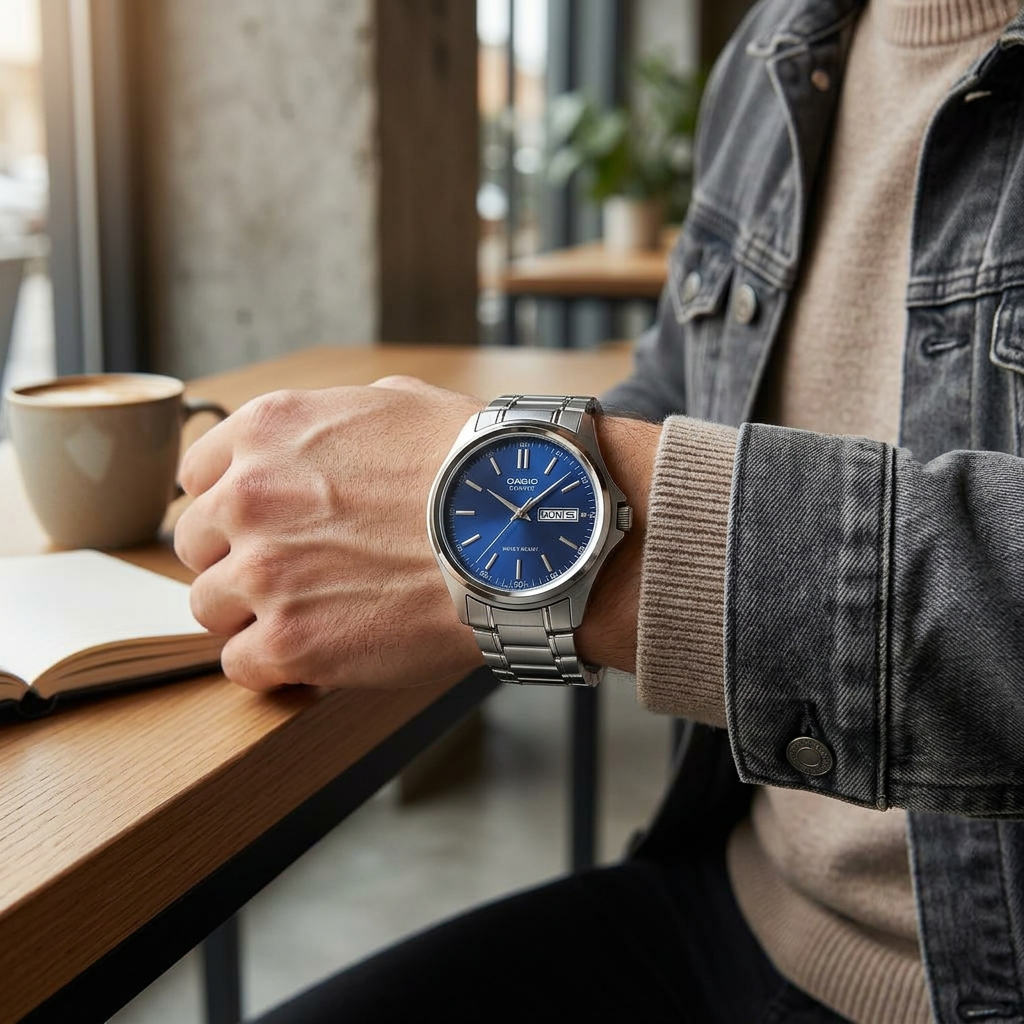 Reloj Casio MTP-1239D-2A Analógico Plateado Esfera Azul Día y Fecha – Caballero