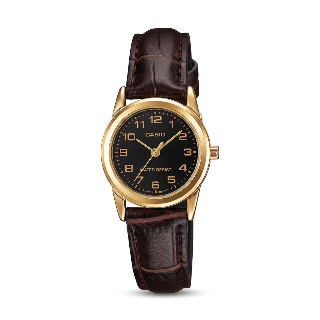 Reloj Casio LTP-V001GL-1B Analógico Dorado Esfera Negra con Correa de Cuero Marrón – Dama