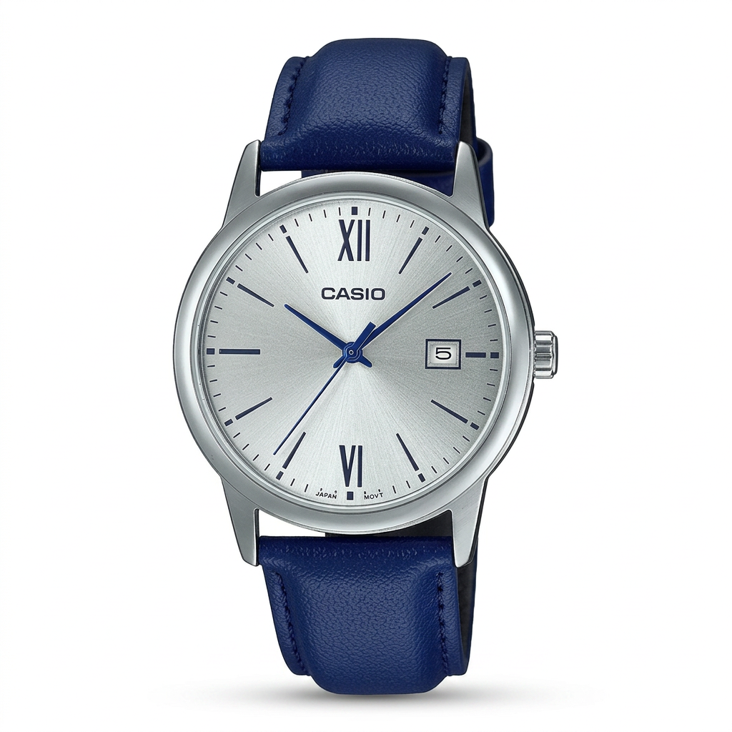 Reloj Casio MTP-V002L-2B3 Analógico Plateado con Correa de Cuero Azul – Caballer