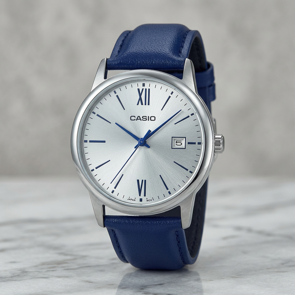 Reloj Casio MTP-V002L-2B3 Analógico Plateado con Correa de Cuero Azul – Caballer
