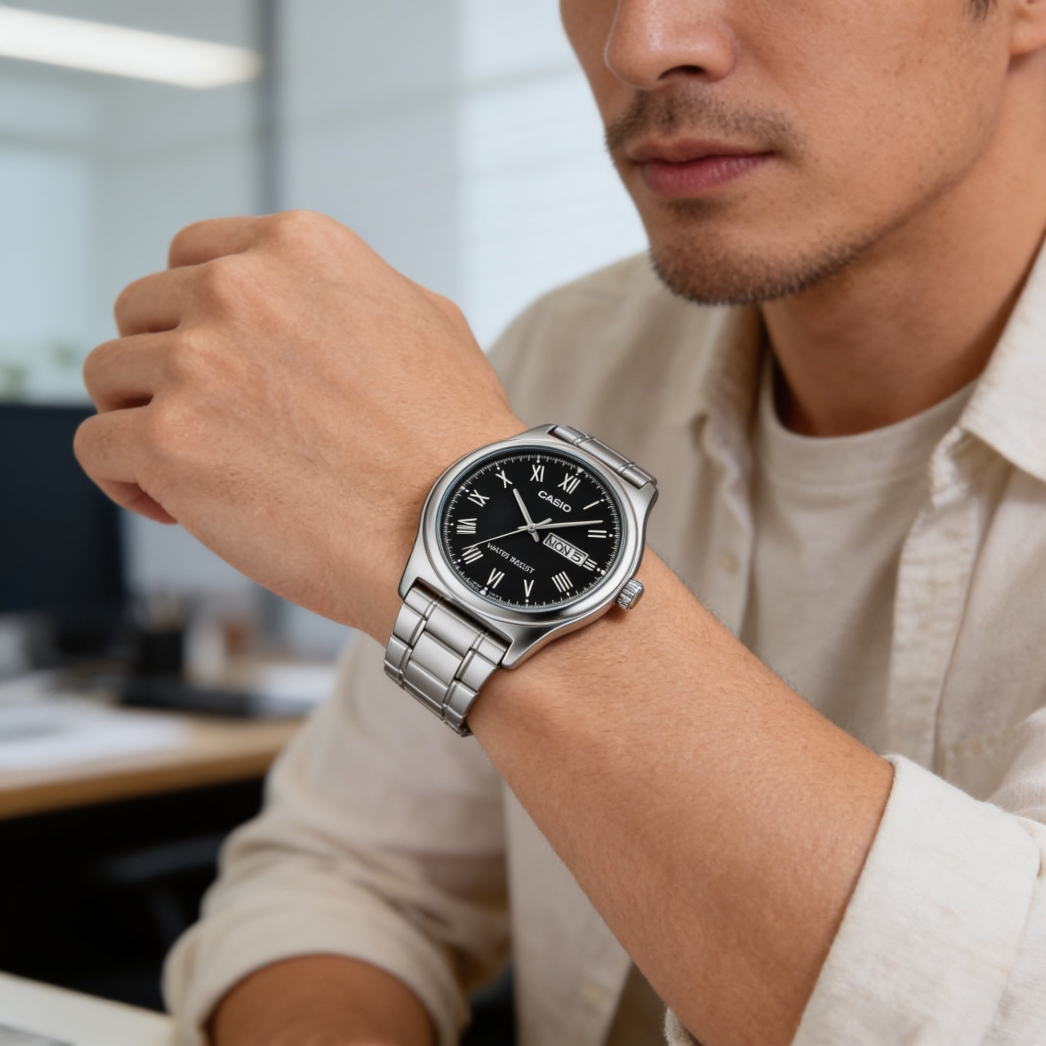 Reloj Casio MTP-V006D-1B Analógico Plateado Esfera Negra – Caballero