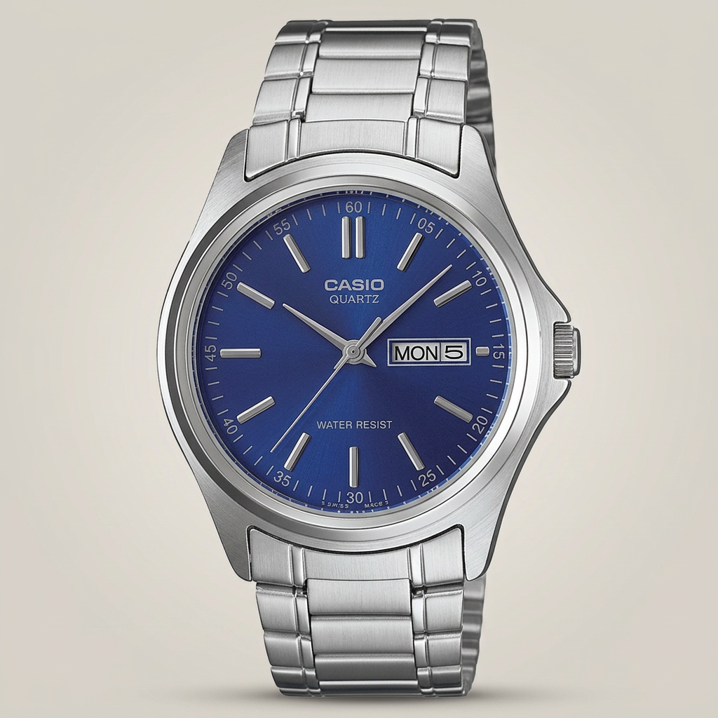Reloj Casio MTP-1239D-2A Analógico Plateado Esfera Azul Día y Fecha – Caballero