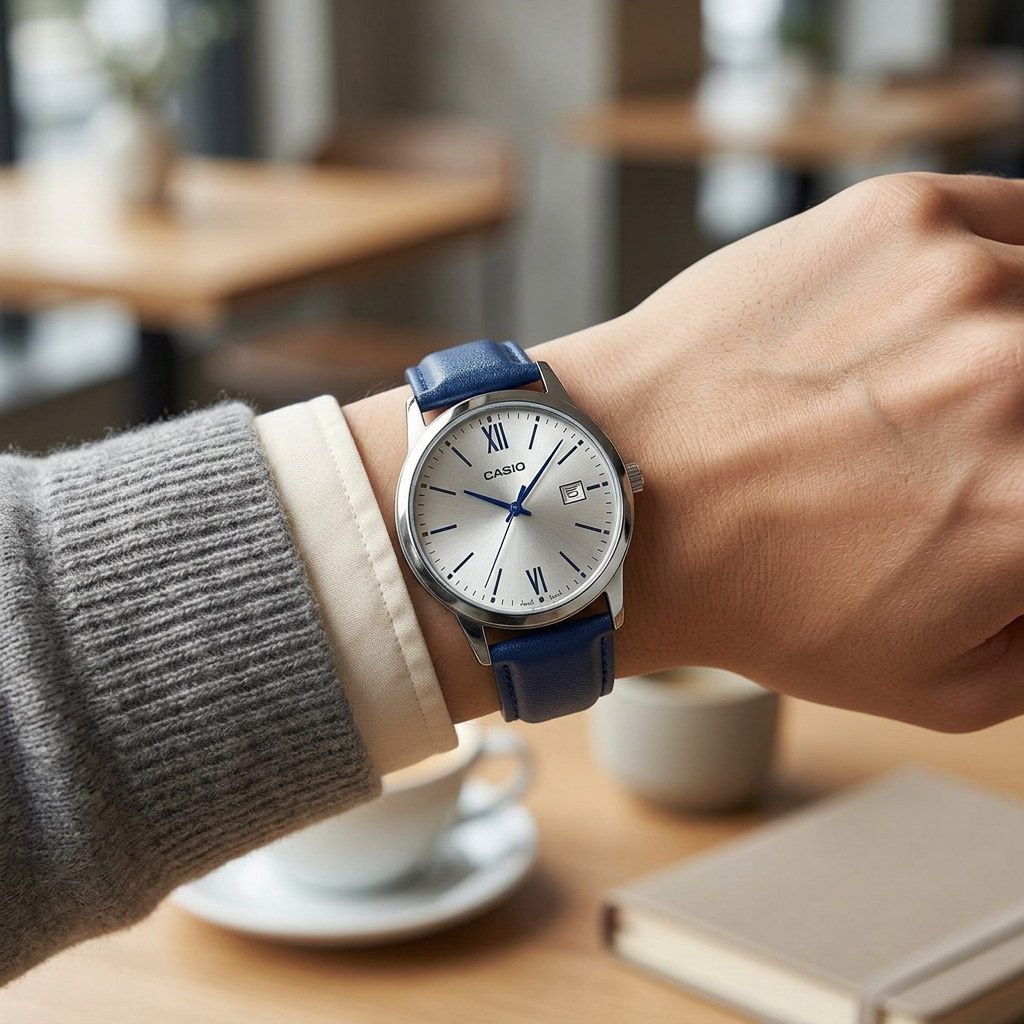 Reloj Casio MTP-V002L-2B3 Analógico Plateado con Correa de Cuero Azul – Caballer