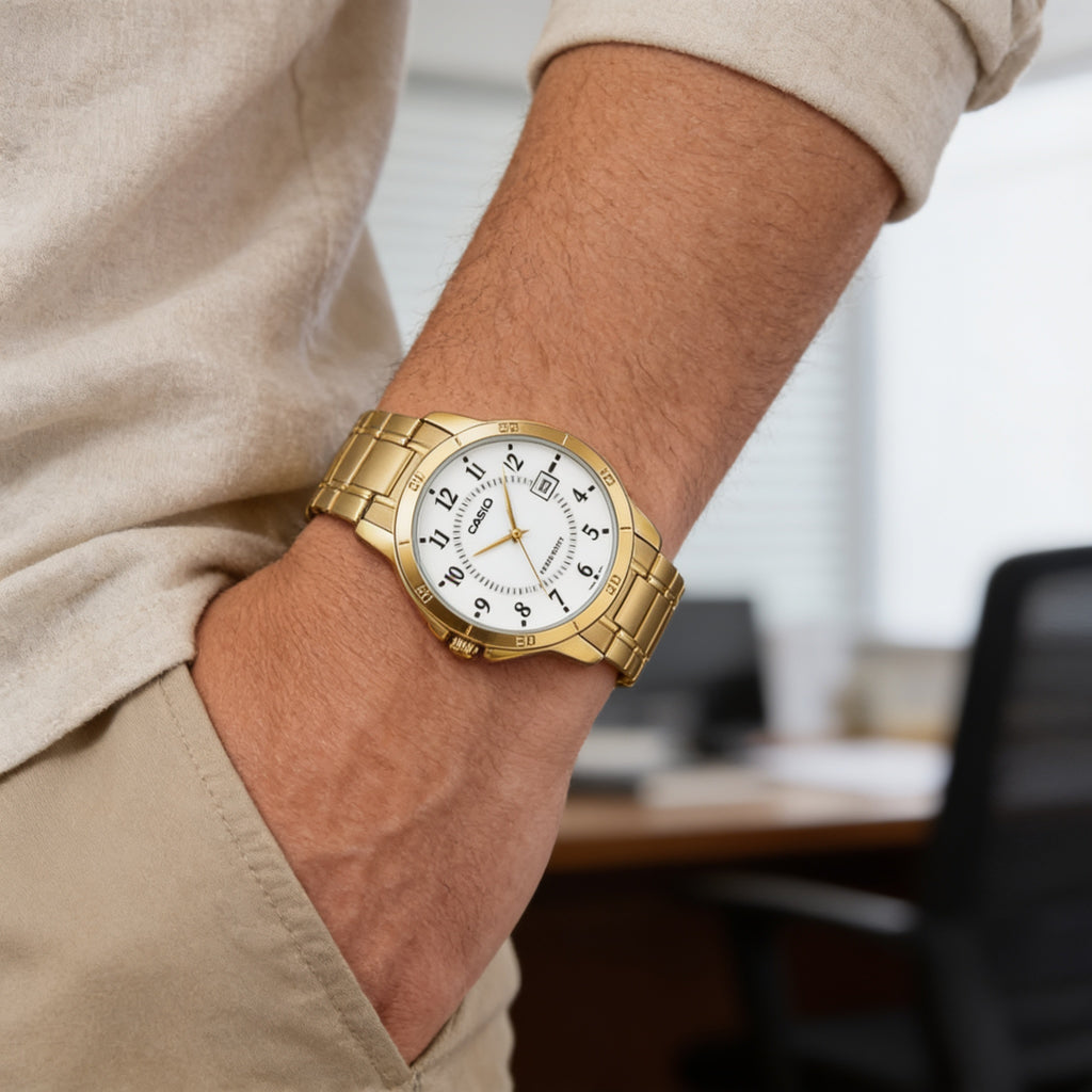 Reloj Casio MTP-V004G-7B Analógico Dorado Esfera Blanca – Caballero
