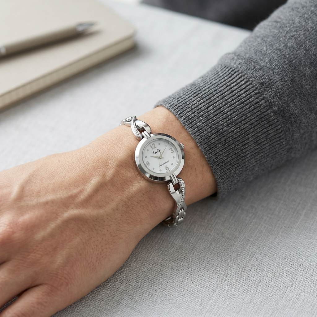 Reloj Q&Q Analógico Plateado Esfera Blanca – Dama
