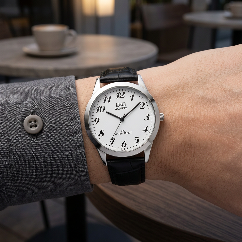 Reloj Q&Q C152J304Y Analógico Plateado Esfera Blanca Correa Negra 3BAR – Caballero
