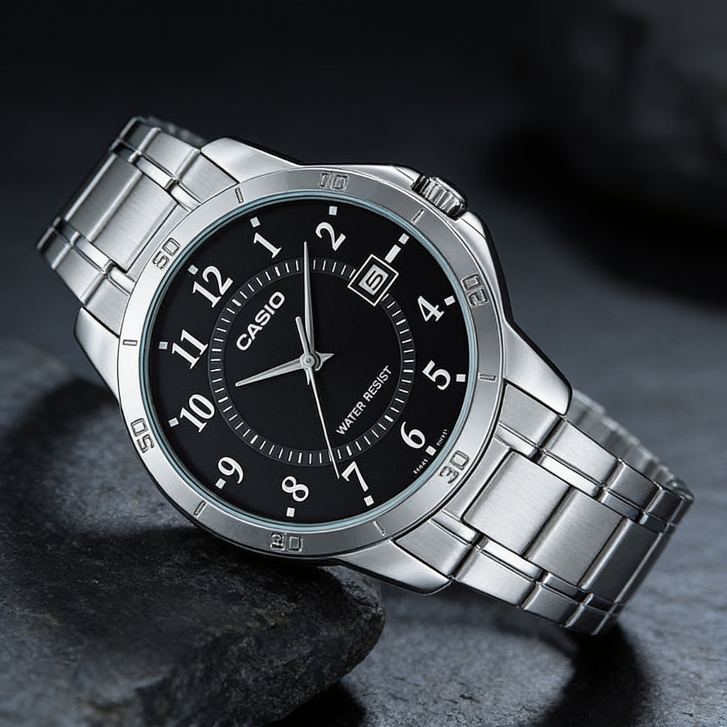 Reloj Casio MTP-V004D-1B Analógico Plateado Esfera Negra – Caballero