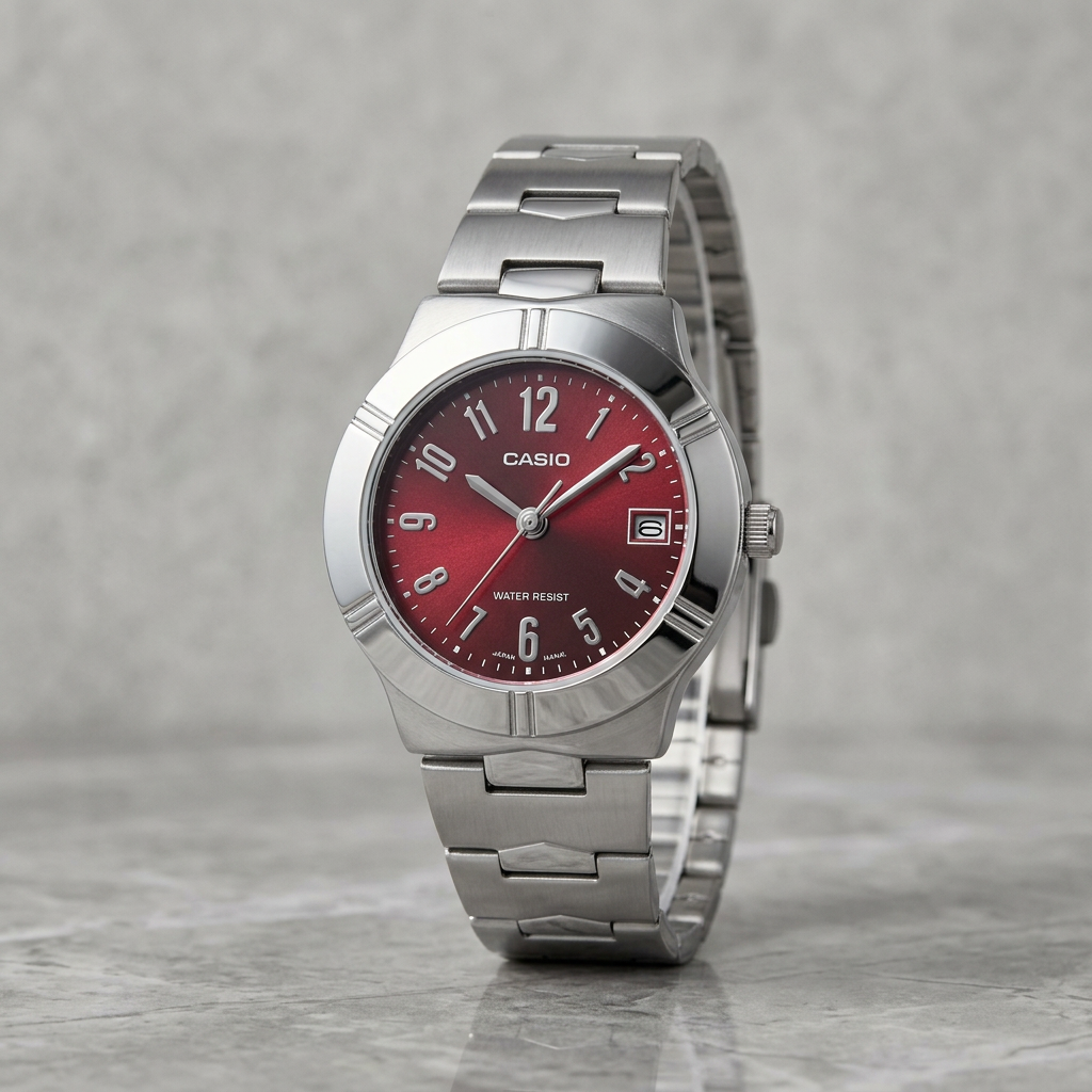 Reloj Casio LTP-1241D-4A2 Analógico Plateado Esfera Borgoña con Fecha – Dama