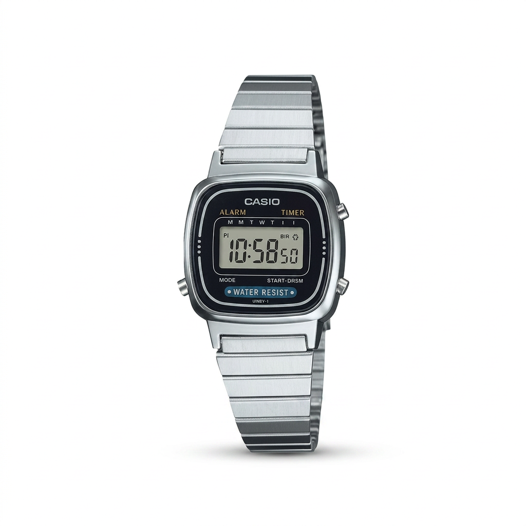 Reloj Casio Vintage LA670WA-1 Digital Plateado con Pantalla Negra – Dama