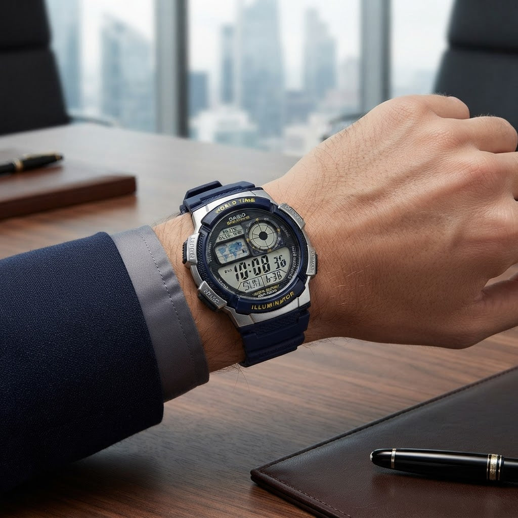 Reloj Casio AE-1000W-2AV Digital Azul y Plateado Hora Mundial 100M – Caballero