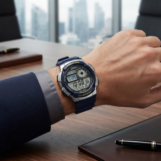 Reloj Casio AE-1000W-2AV Digital Azul y Plateado Hora Mundial 100M – Caballero