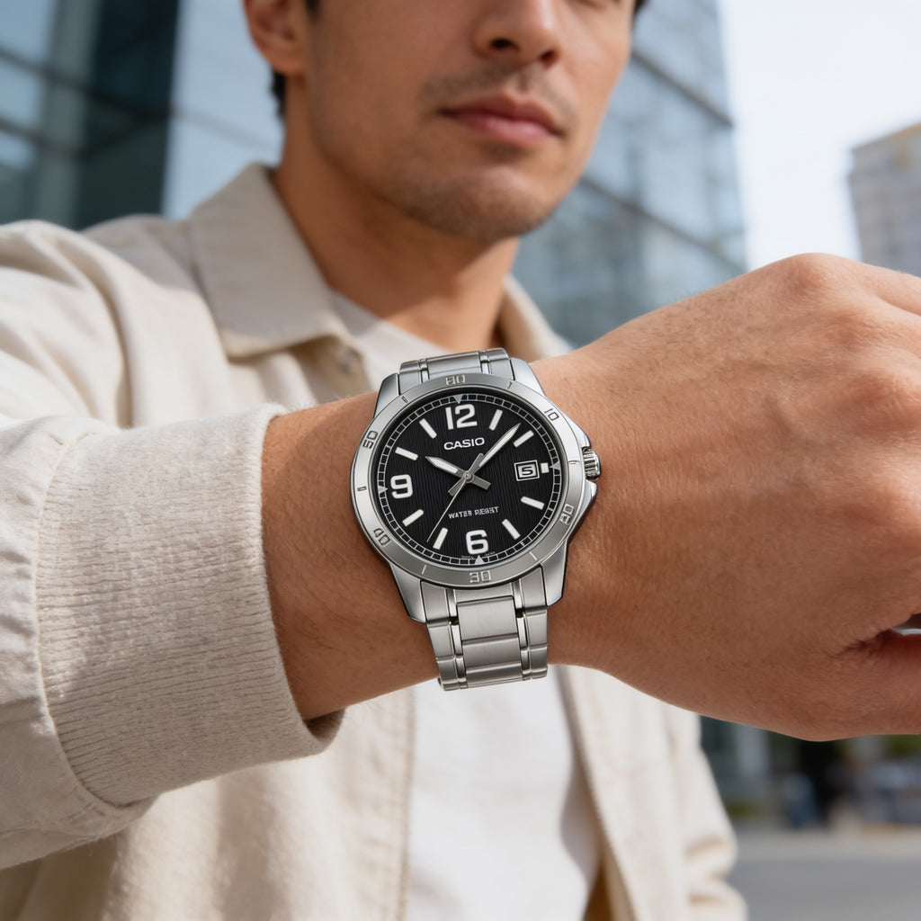 Reloj Casio MTP-V004D-1B2 Analógico Plateado Esfera Negra – Caballero