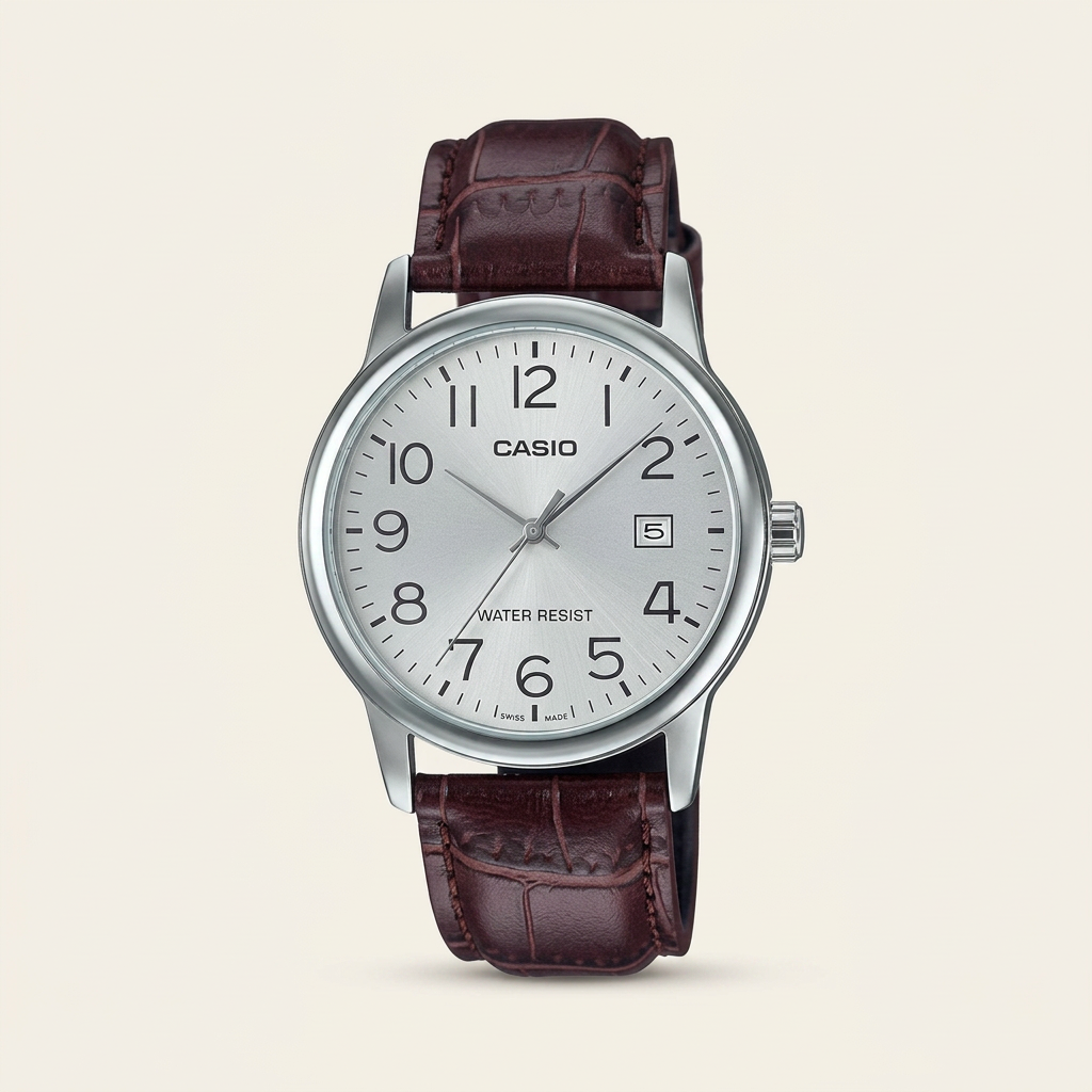 Reloj Casio MTP-V002L-7B2 Analógico Plateado con Correa de Cuero Marrón – Caballero