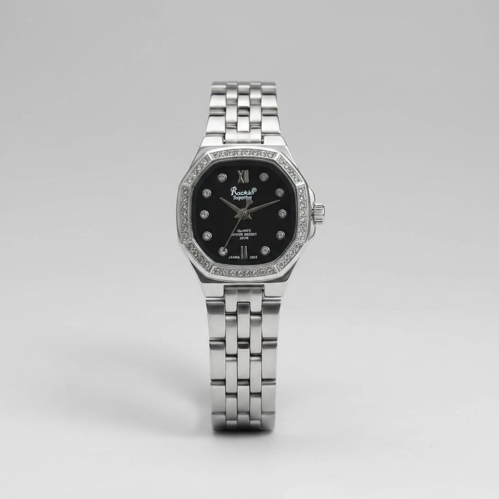 Reloj para Dama RQ'2634 IPS – Plateado con Esfera Negra y Cristales