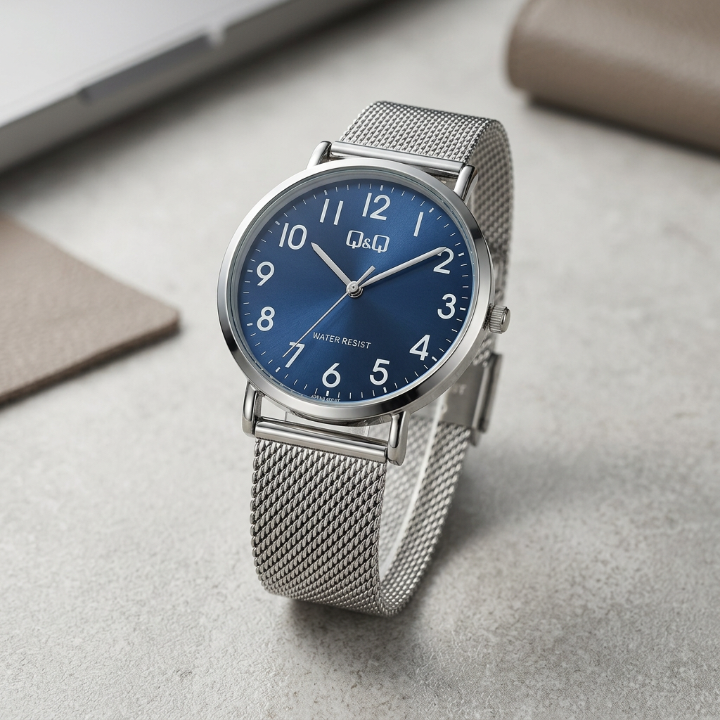 Reloj Q&Q Analógico Plateado Esfera Azul con Brazalete Mesh – Caballero