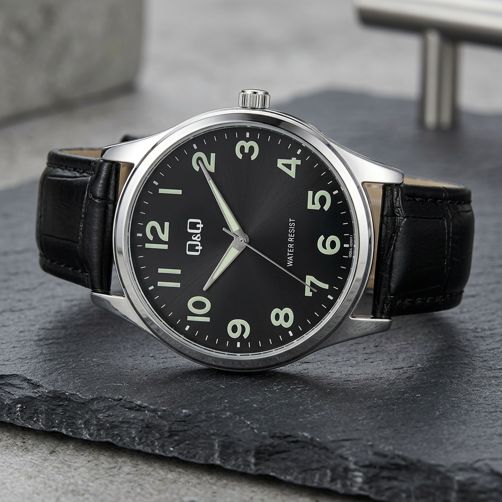 Reloj Q&Q Q93A-003PY Analógico Plateado Esfera Negra con Correa de Cuero – Dama