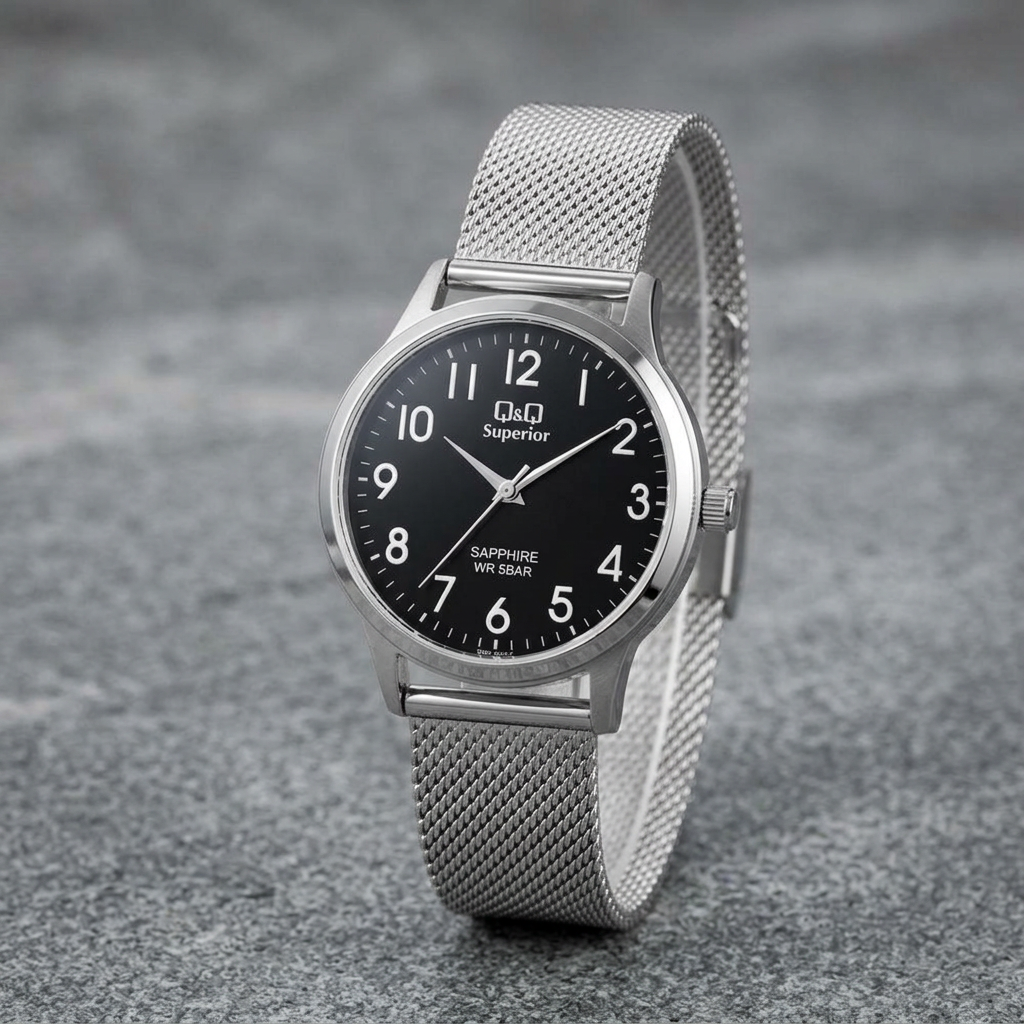 Reloj Q&Q Superior S03A-001VY Analógico Plateado Esfera Negra 5BAR – Dama
