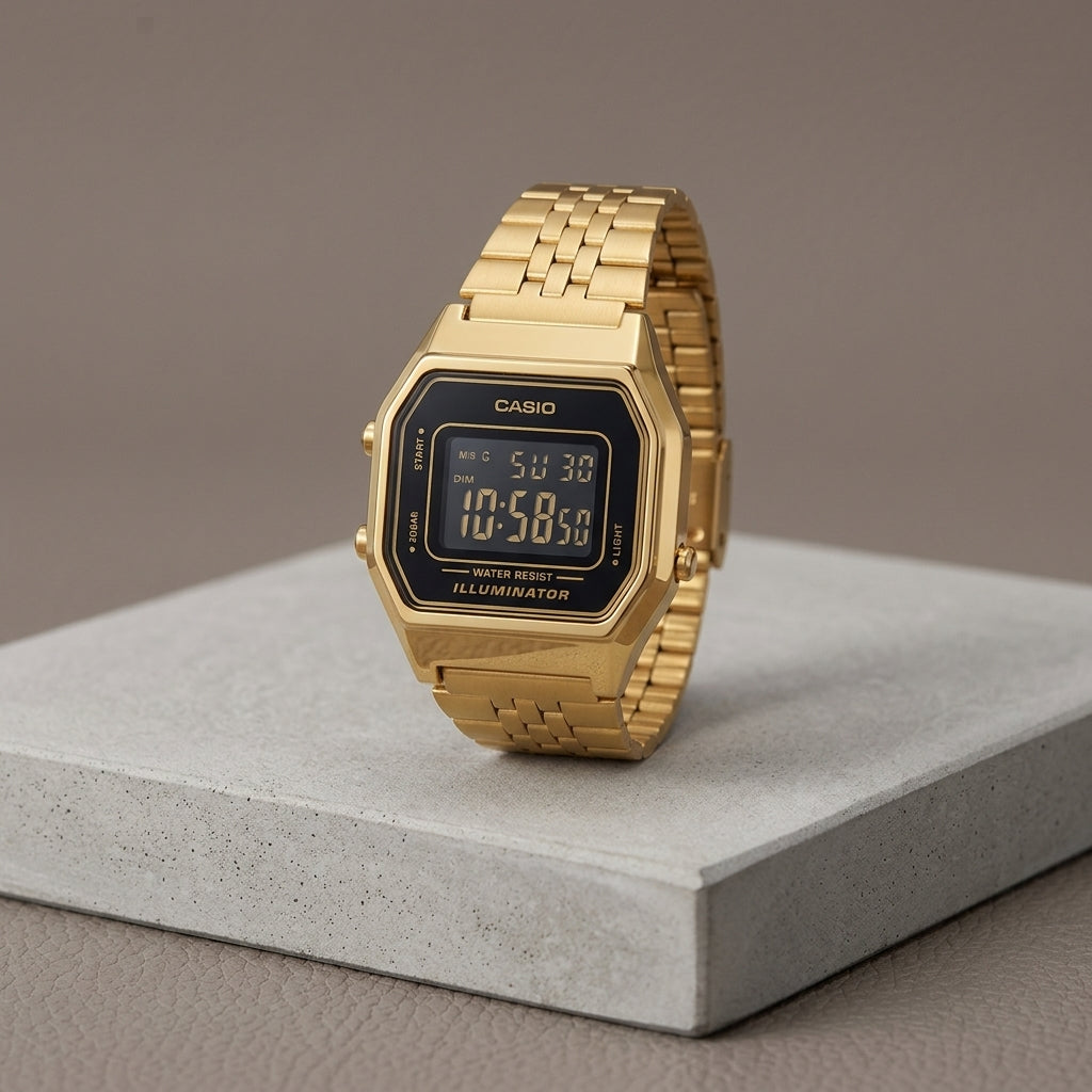 Reloj Casio Vintage LA680WGA-1B Digital Dorado con Pantalla Negra – Unisex