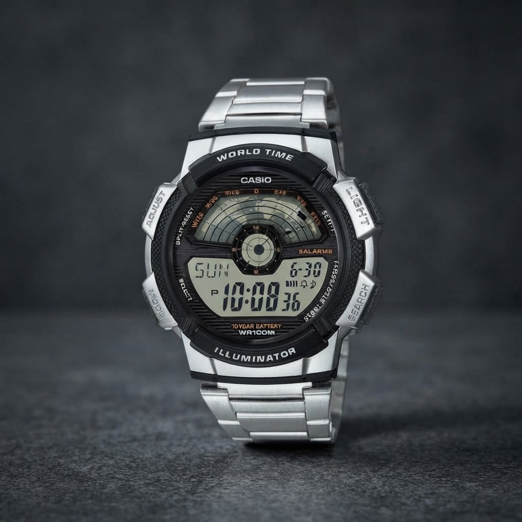 Reloj Casio AE-1100WD-1AV Digital Plateado Hora Mundial 100M – Caballero