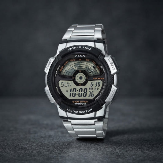 Reloj Casio AE-1100WD-1AV Digital Plateado Hora Mundial 100M – Caballero