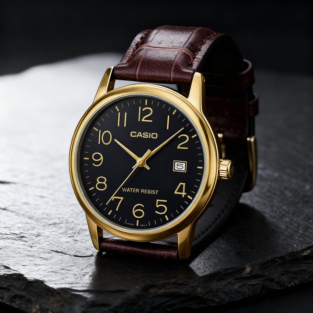 Reloj Casio MTP-V002GL-1B Analógico Dorado Esfera Negra con Correa de Cuero – Caballero