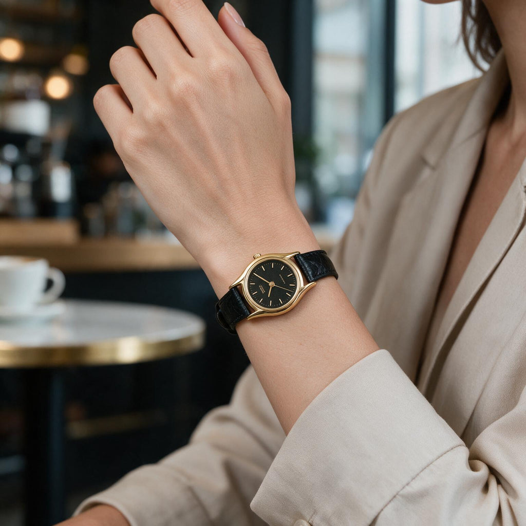 Reloj Casio LTP-1094Q-1A Analógico Dorado Esfera Negra con Correa de Cuero – Dama